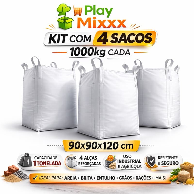 kit com 4 Sacos Big Bag Entulho Reciclagem 1000kg - C1 - 90x90x120 - resistente - 4 alças.