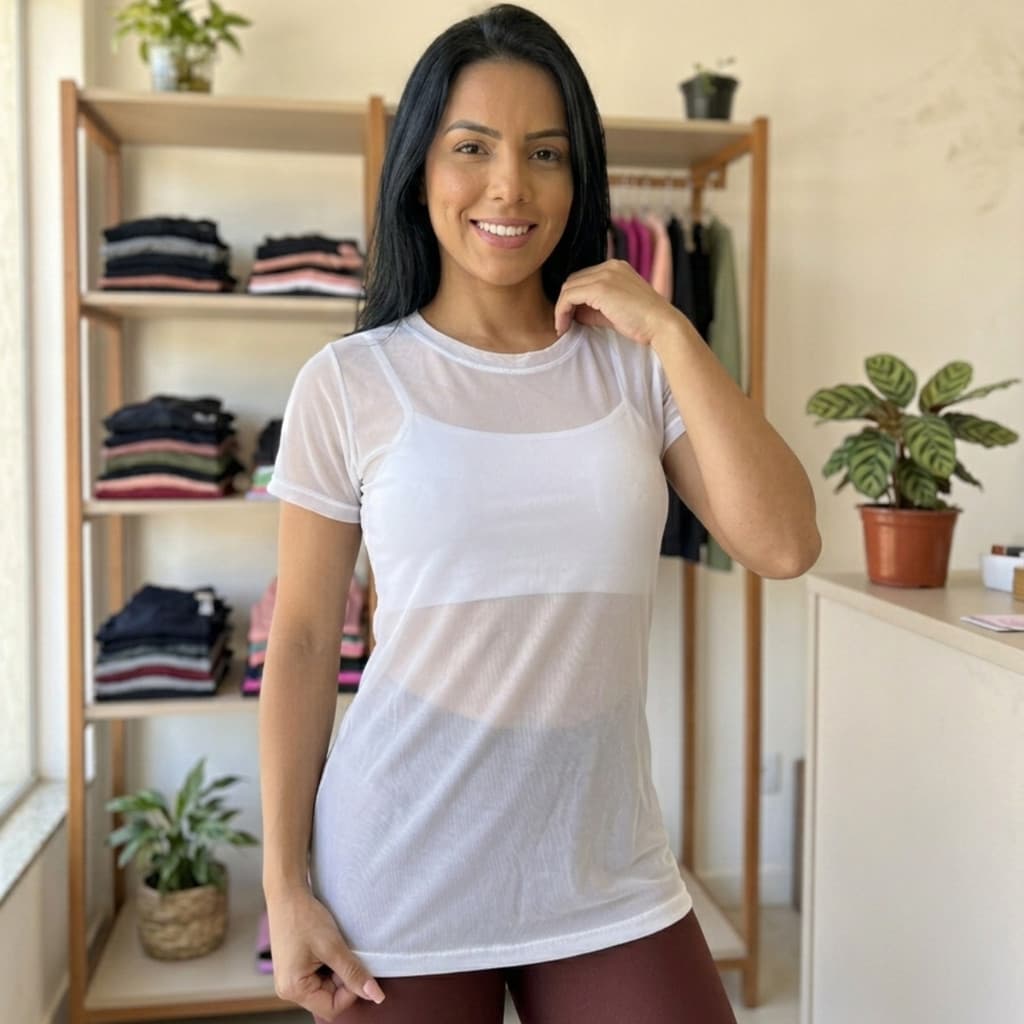 Blusa Feminina de Tule Transparente Com Manga Academia Fitness Leve e Respiráve