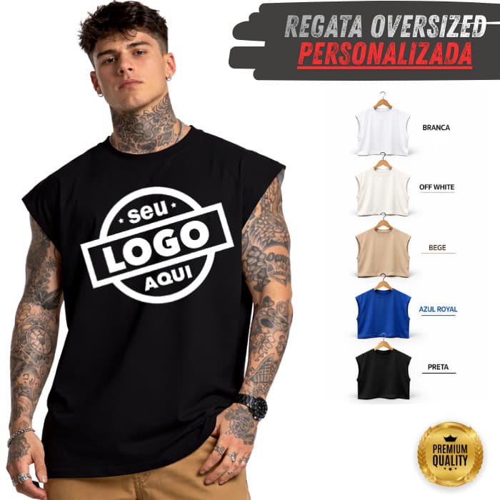 Camiseta Regata Oversized Personalizada Logo Academia Sua Estampa Aqui Treino Lancamento