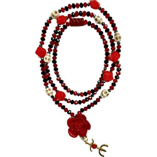 Guia Caveira Pomba Gira Rosa Cristal 8mm 60cm Vermelha E Preta Fio De Contas Umbanda Candomblé Com Pingente