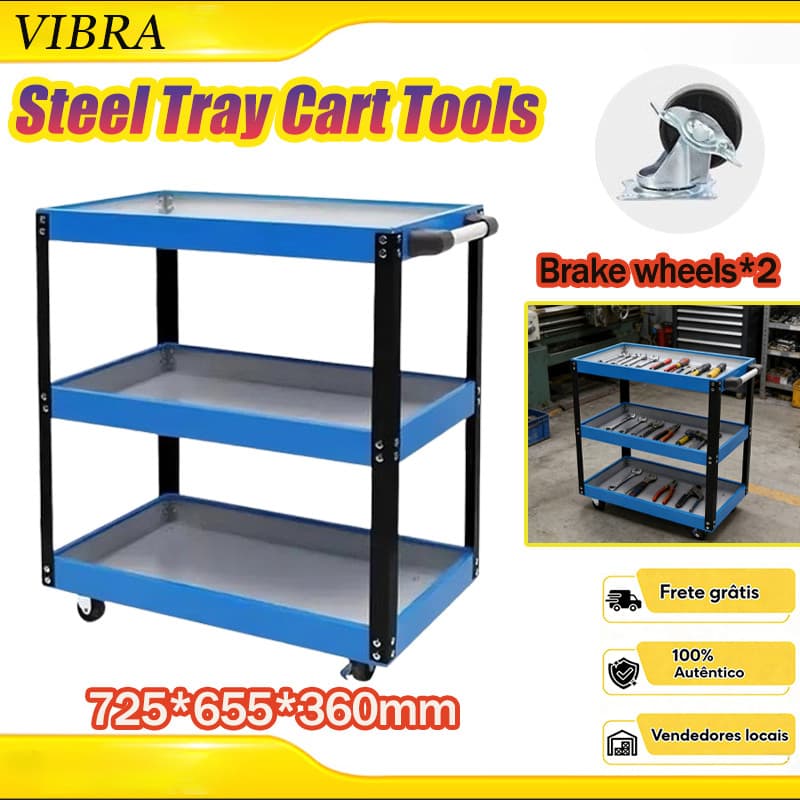Carrinho De Ferramentas De 4 Rodas Suporta 150 kg De Aço 3 Bandejas De Armazenamento Marca Brin7