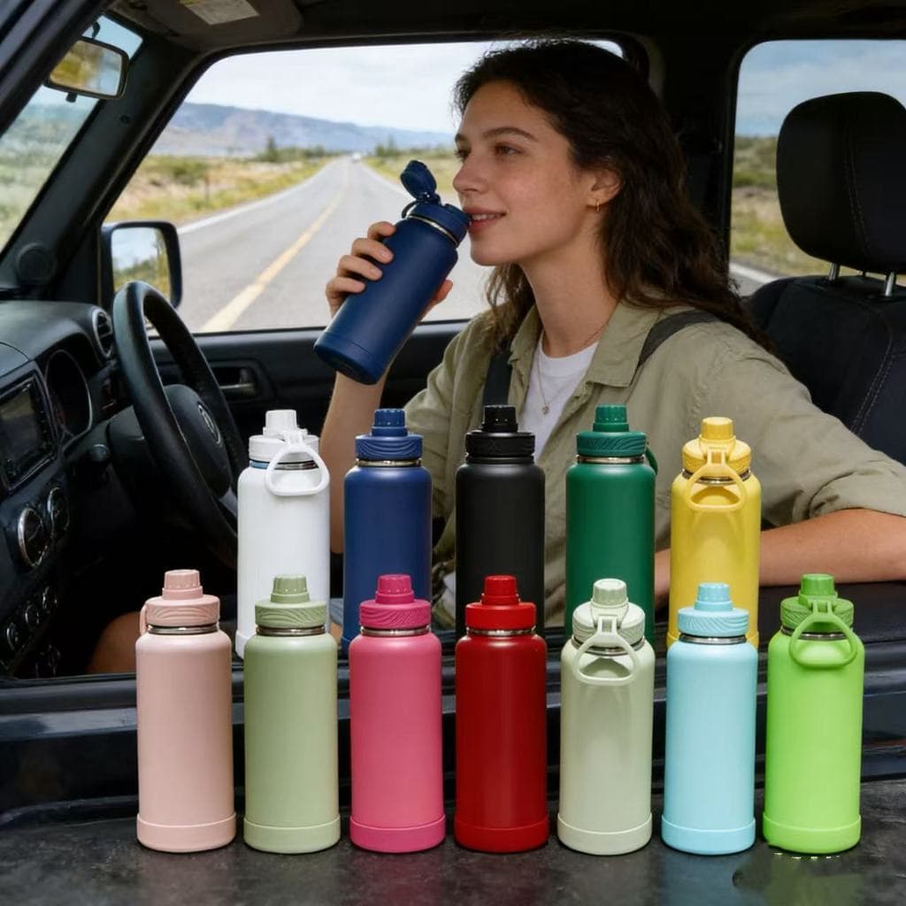 Garrafa térmica esportiva,Capacidade 350/600/800ml,Com capa protetora de silicone e alça de aço inoxidável.Várias cores