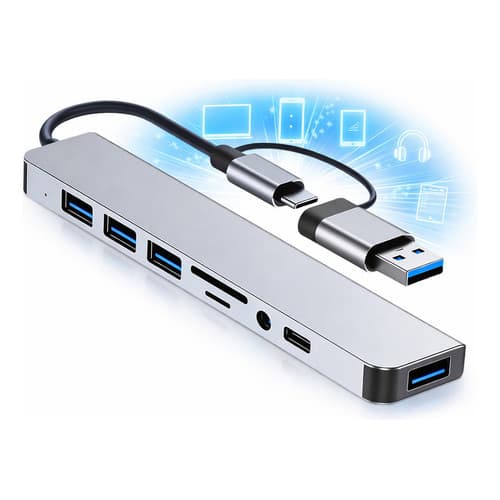 Adaptador Hub Usb-c 3.0 P2 Stereo Usb Sd 8 Em 1 Prata Prata