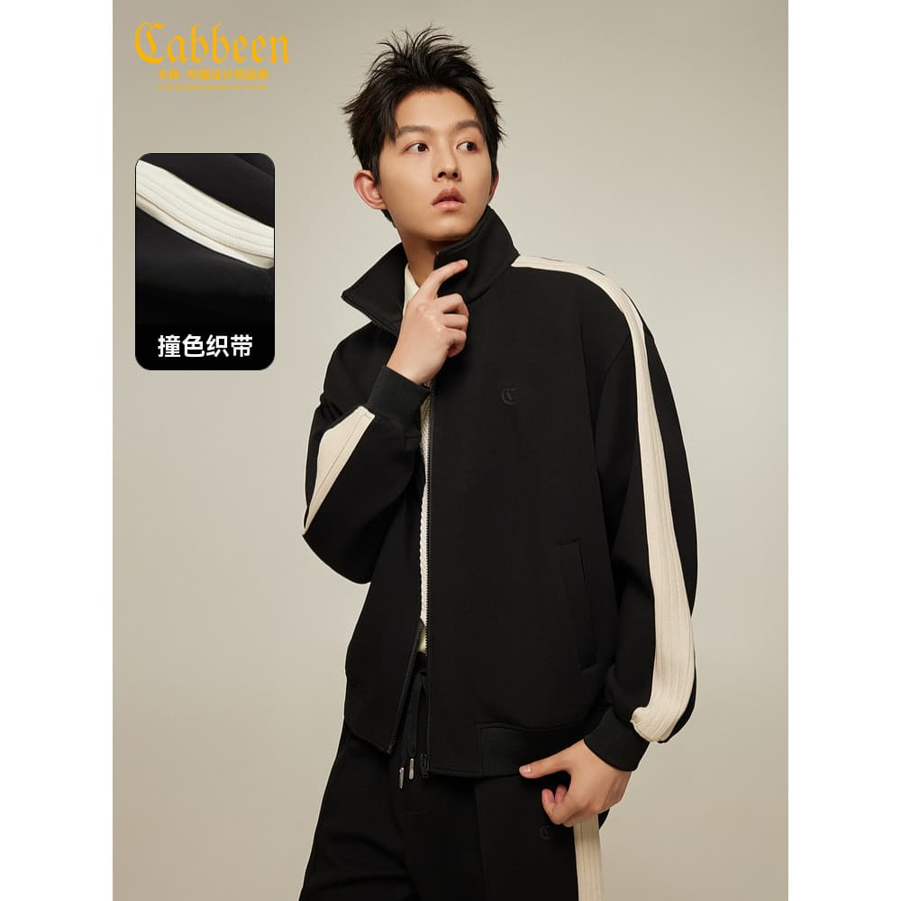 [Costura em cores contrastantes] Jaqueta Kabin com gola alta masculina outono novo estilo retrô esportiva de manga compr