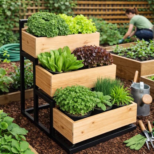 Floreira Feirinha 3 Andares Ferro com Cachepots Madeira | Suporte para Plantas Jardim