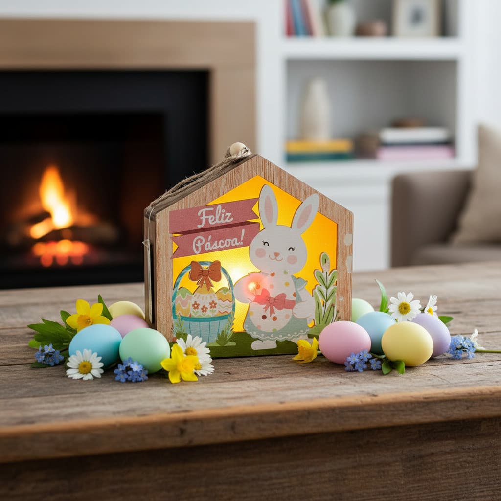 Luminária Casa Feliz Páscoa com Luz 12cm em MDF Decoração
