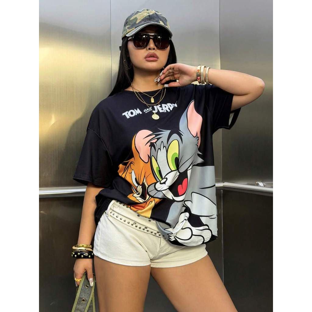 Camiseta de Gola Careca com Manga Curta e Estampa de Gato Cartoon, Casual para Verão, Plus Size para
