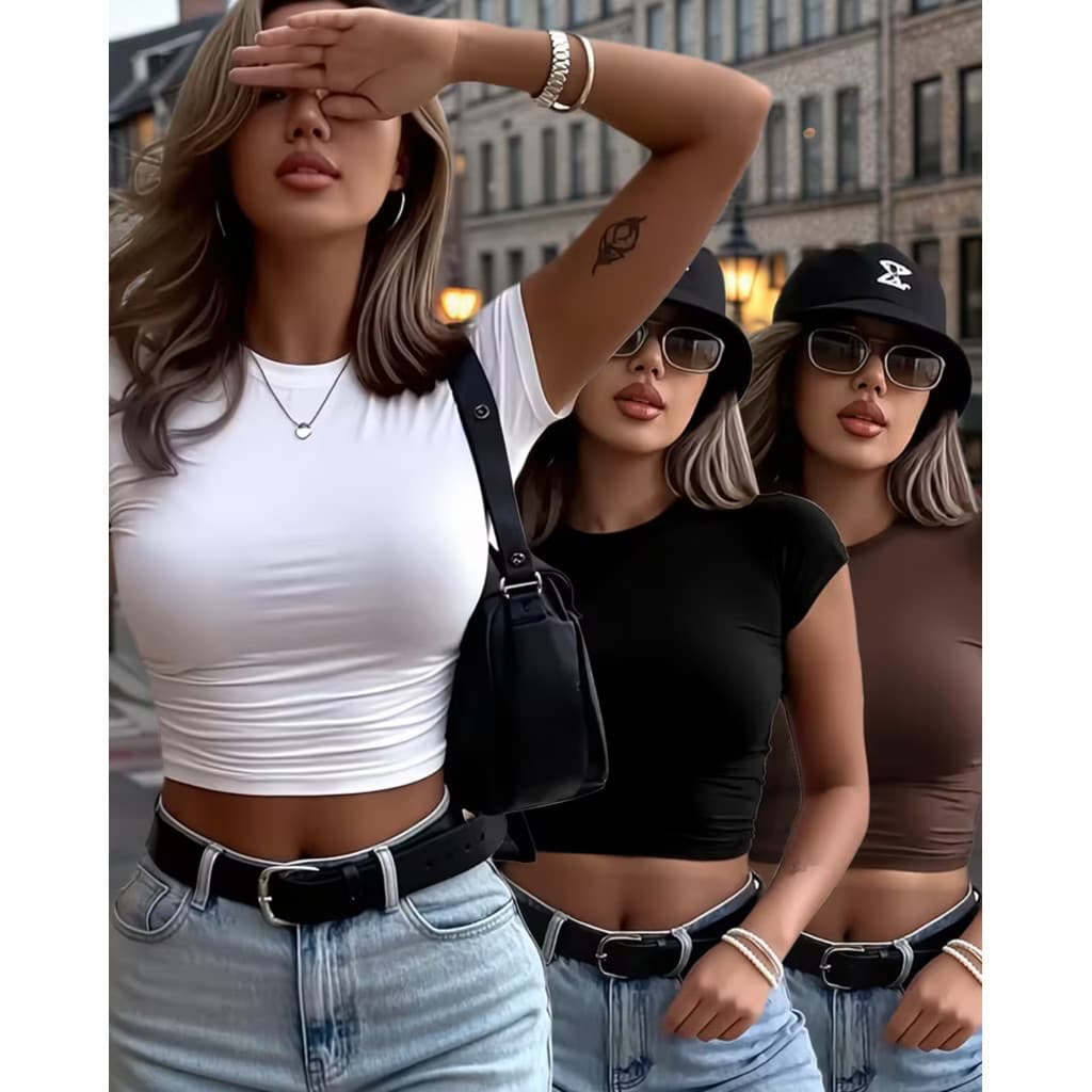 Blusa Feminina Slim-Fit de Manga Curta e Cropped Look Casual e Elegante em Todas as Estações