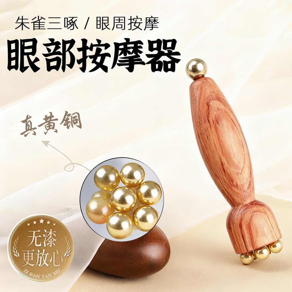 Massageador de olhos de latão de sândalo Suzaku Três batendo em torno da bolsa de olho Padrão de cauda de corvo Massagem