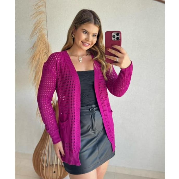 Cardigan Casaco Tricot Furadinho Com Bolso Inverno Moda feminina tricô alongado Tendência Furinho