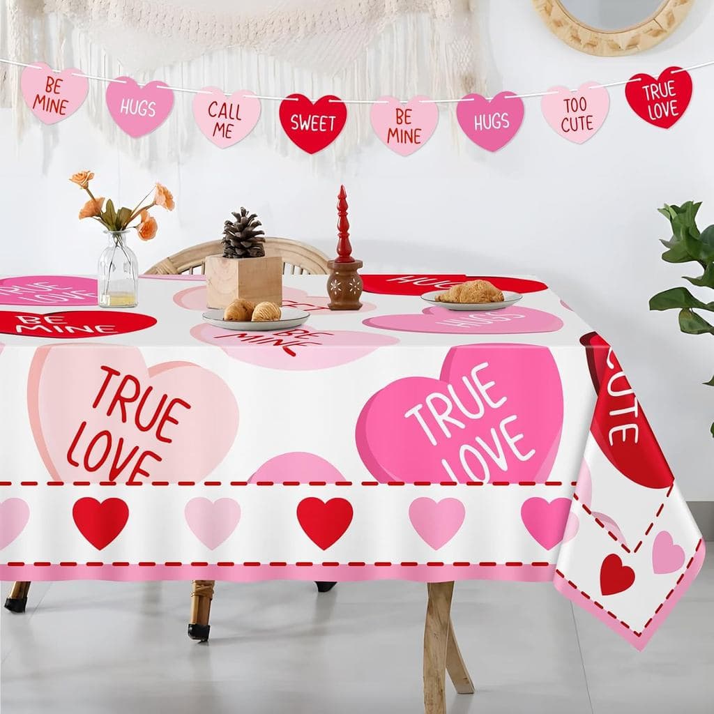 2 Peças de Decorações para Toalha de Mesa do Dia dos Namorados 60x84 Polegadas: Toalha de Mesa com Corações Vermelhos e