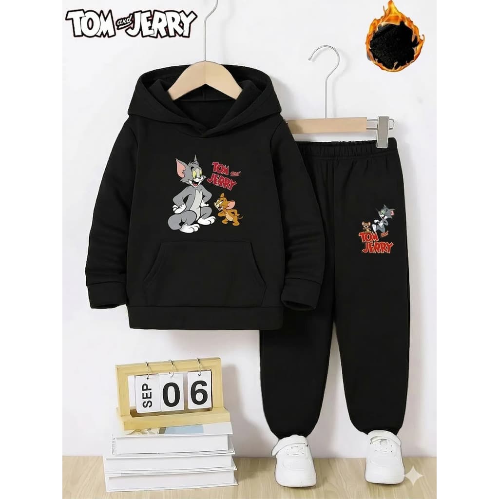 Conjunto Infantil Moletom Tom e Jerry Streetwear Algodão Premium - Agasalho de Frio Menino Blusa de Capuz e Calça Jogger