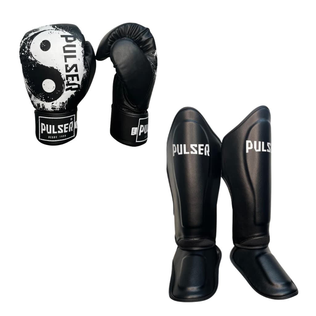 Kit Muay Thai Kickboxing MMA Luva Yin Yang 14Oz Caneleira M Preto Pulser