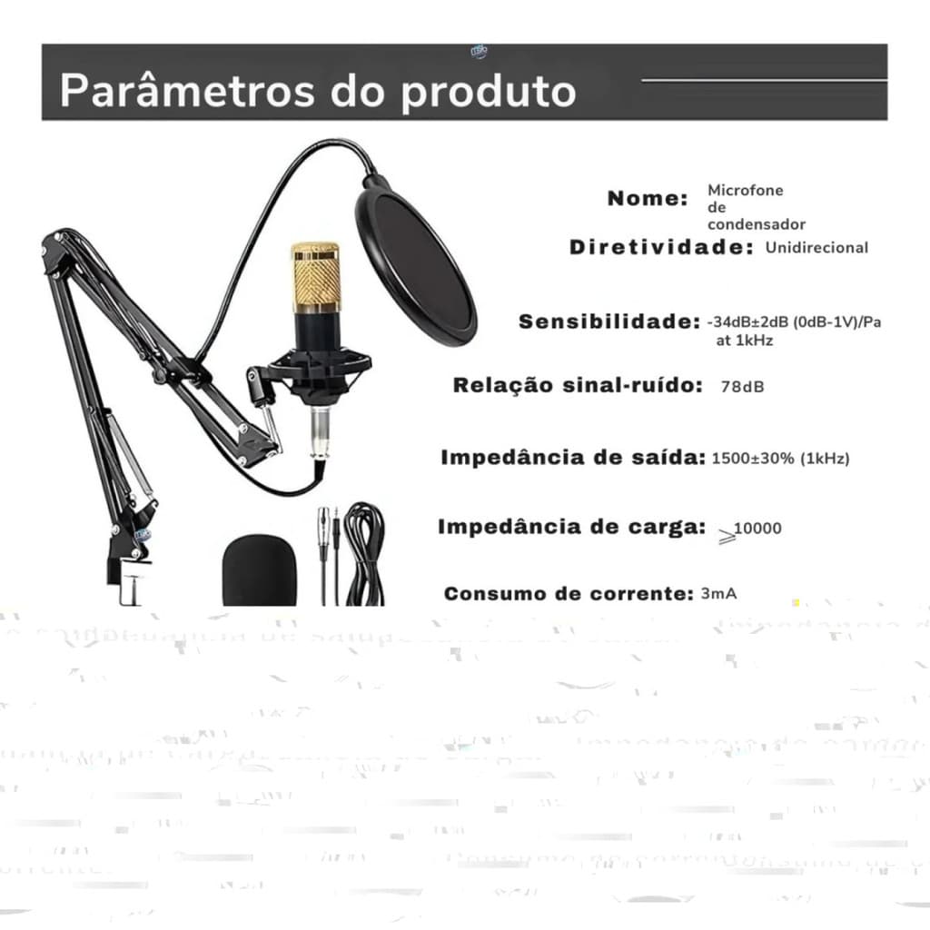 Microfone Condensador Profissional Podcast Braço Articulado