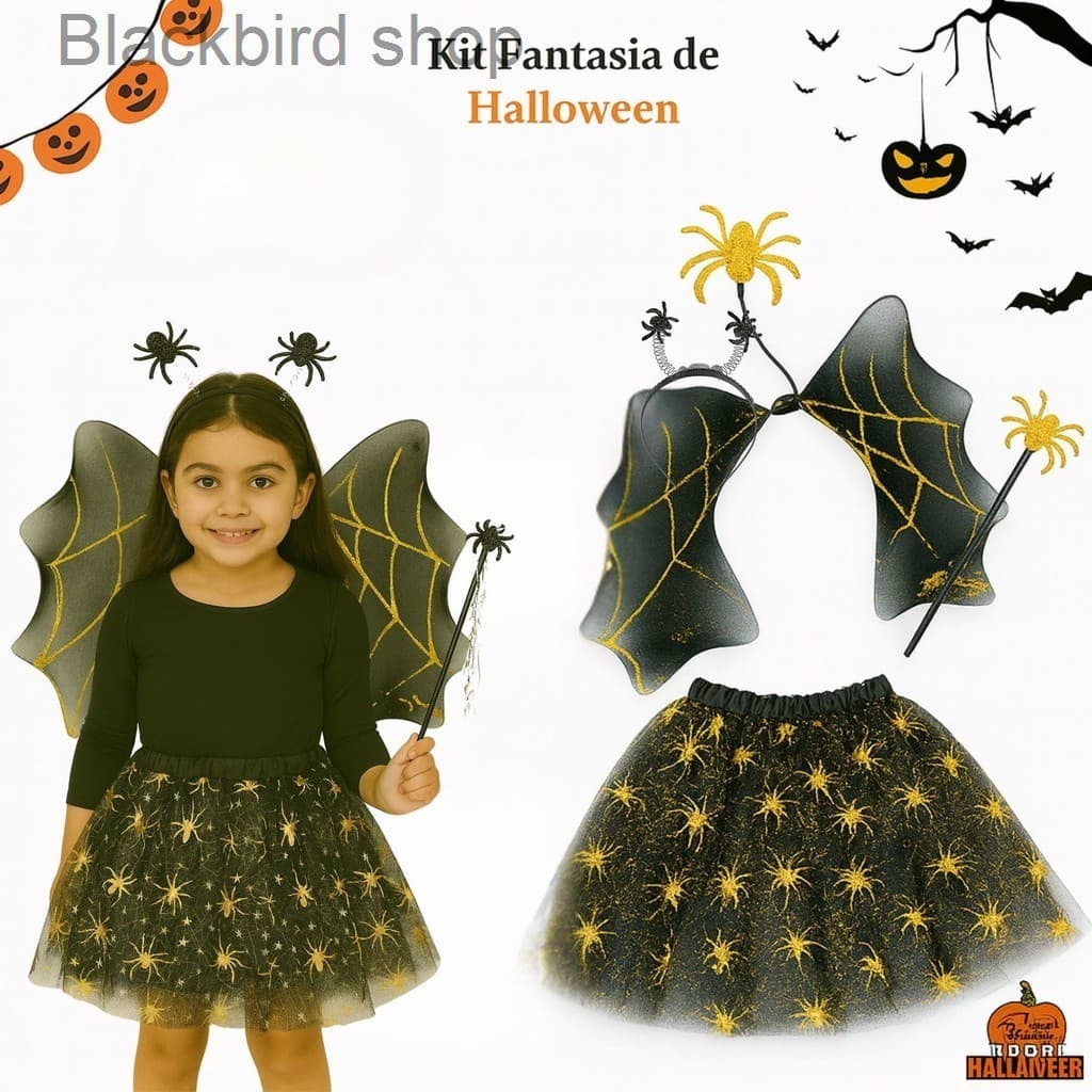 (V)Fantasia Infantil Halloween Aranha Dourada com Asas e Varinha – Saia 30cmD9L2