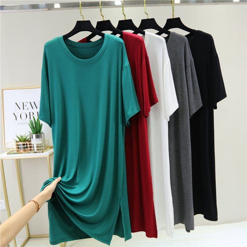 Modal camisola de manga curta feminina verão solto em torno do pescoço cor sólida comprimento médio tamanho grande casa