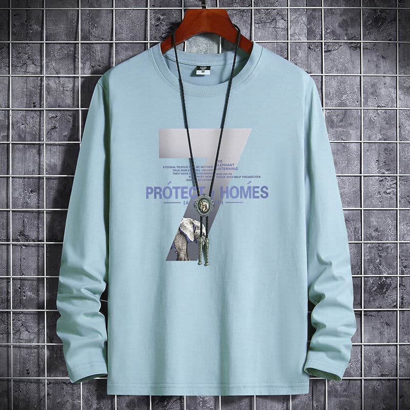 100% cor sólida primavera outono masculino manga comprida em torno do pescoço camiseta masculina solta na moda roupas de