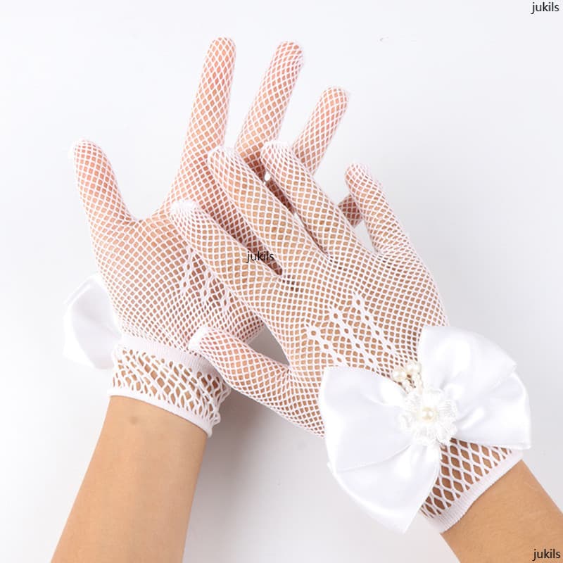 (Estilo Infantil) Luvas Para Meninas , De Princesa Casamento Nupcial , Rede De Pesca Elástica De Renda Com Laço De Dedo