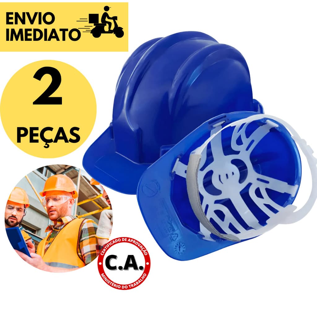 Kit 2 Capacete De Segurança Azul Abra Frontal Carneira Obra Construção Civil Plastcor s/ Jugular