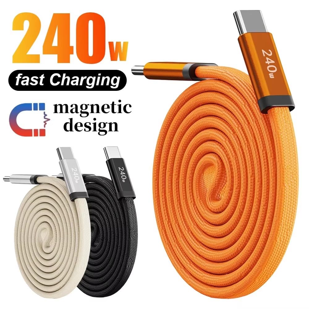 240W Type C Para Cabo De Carregamento Super Rápido Dados Planos Magnéticos Fio Carregador Huawei Xiaomi