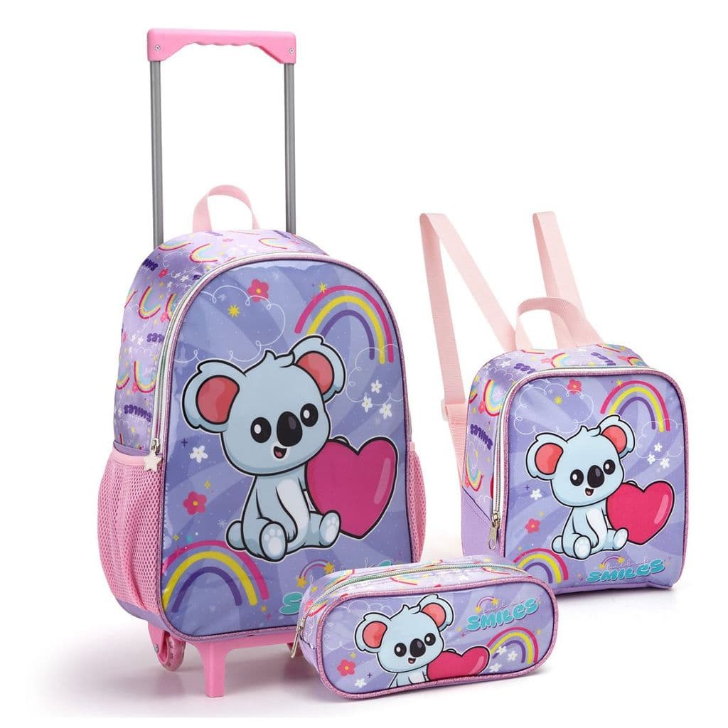 Kit Mochila Rodinhas Escolar Infantil Coala Coração Seanite