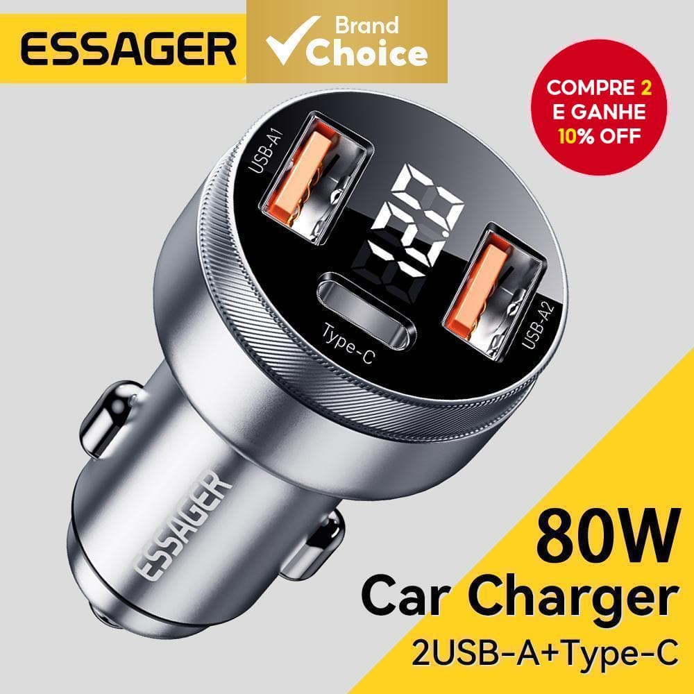 Carregador Veicular Essager 80W USB-C PD Rápido para iPhone 14/13, Huawei, Xiaomi, Samsung, iPad, Laptop.