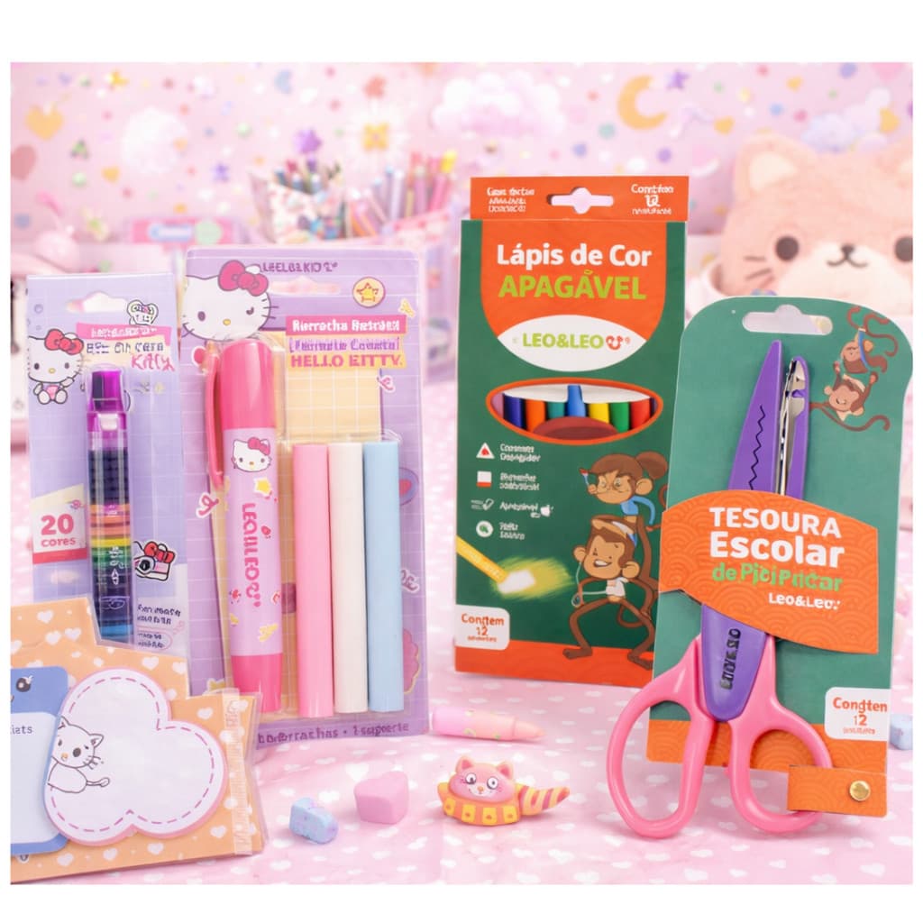 Kit Escolar Hello Kitty Lápis de Cor Apagável Giz de Cera 20 Cores Tesoura Picotar Borracha Refil