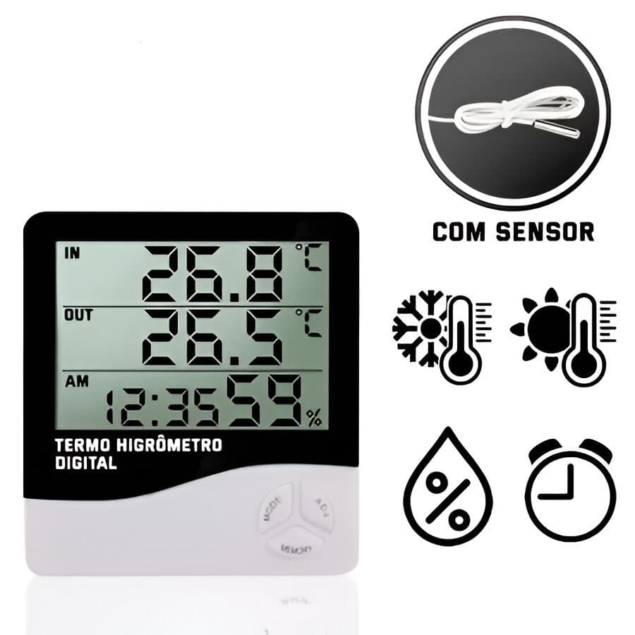TERMO-HIGRÔMETRO DIGITAL MEDIDOR DE TEMPERATURA E UMIDADE COM SENSOR EXTERNO PORTÁTIL PRÁTICO