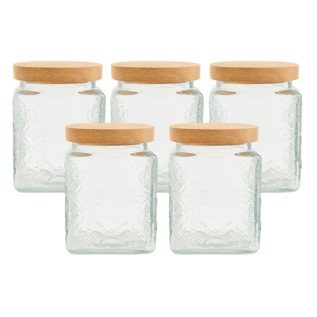 Kit 5 Pote Hermético De Vidro para Mantimentos Tampa Bambu e Silicone Capacidade 985ml