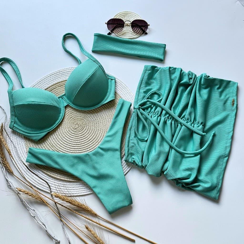 Kit Biquíni Top Meia Taça Calcinha Asa delta Saia e Saida de Praia Ibiza Cor Verde Água Tamanho M