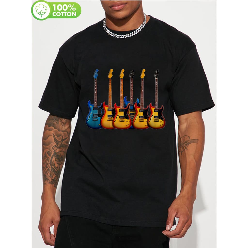 Novo Camiseta Masculina De Algodão Puro Com Estampa De Guitarra Elétrica, Ideal Para Shows, Treinos Na Academia E Uso Ca