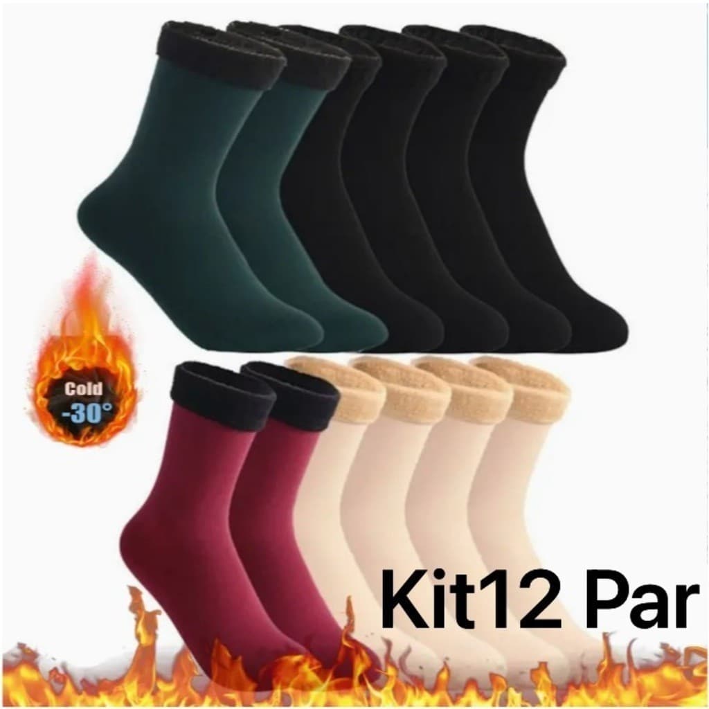 Kit 12 Pares de Meia Térmica Feminina Forrada de Inverno Vária cores
