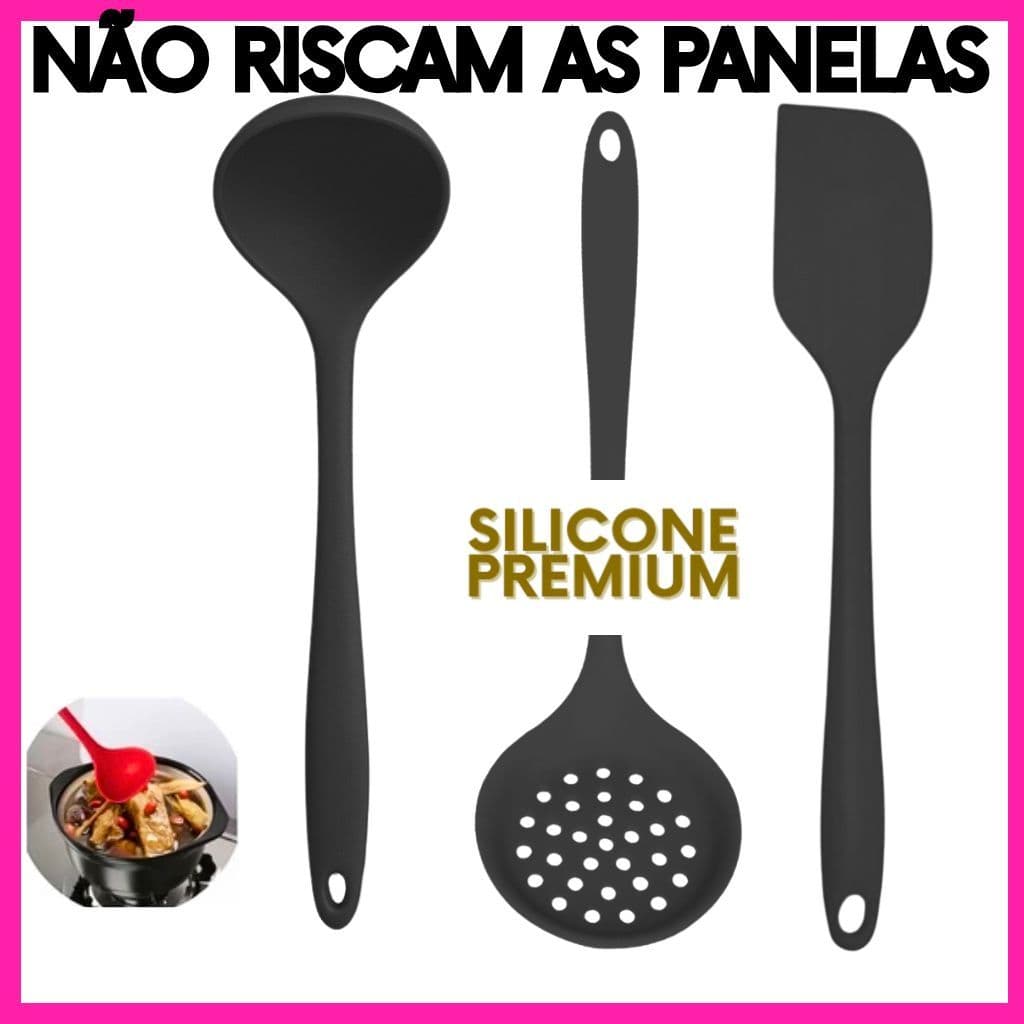 Kit 3 Utensílios de Cozinha Silicone Preto – Concha Escumadeira Espátula Resistente ao Calor