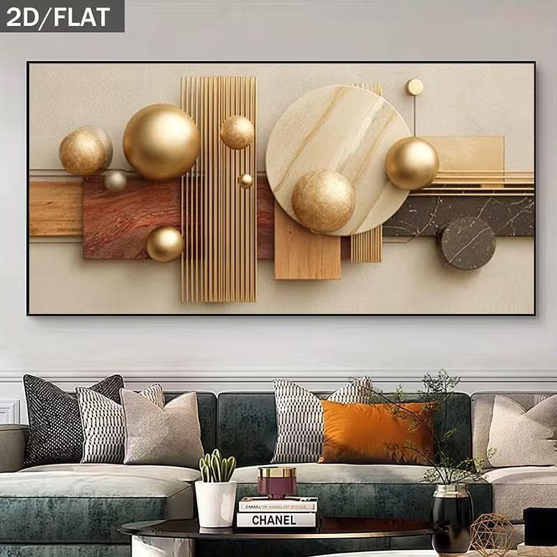 Quadro Decorativo Abstrato Geométrico Esferas e Linhas Douradas