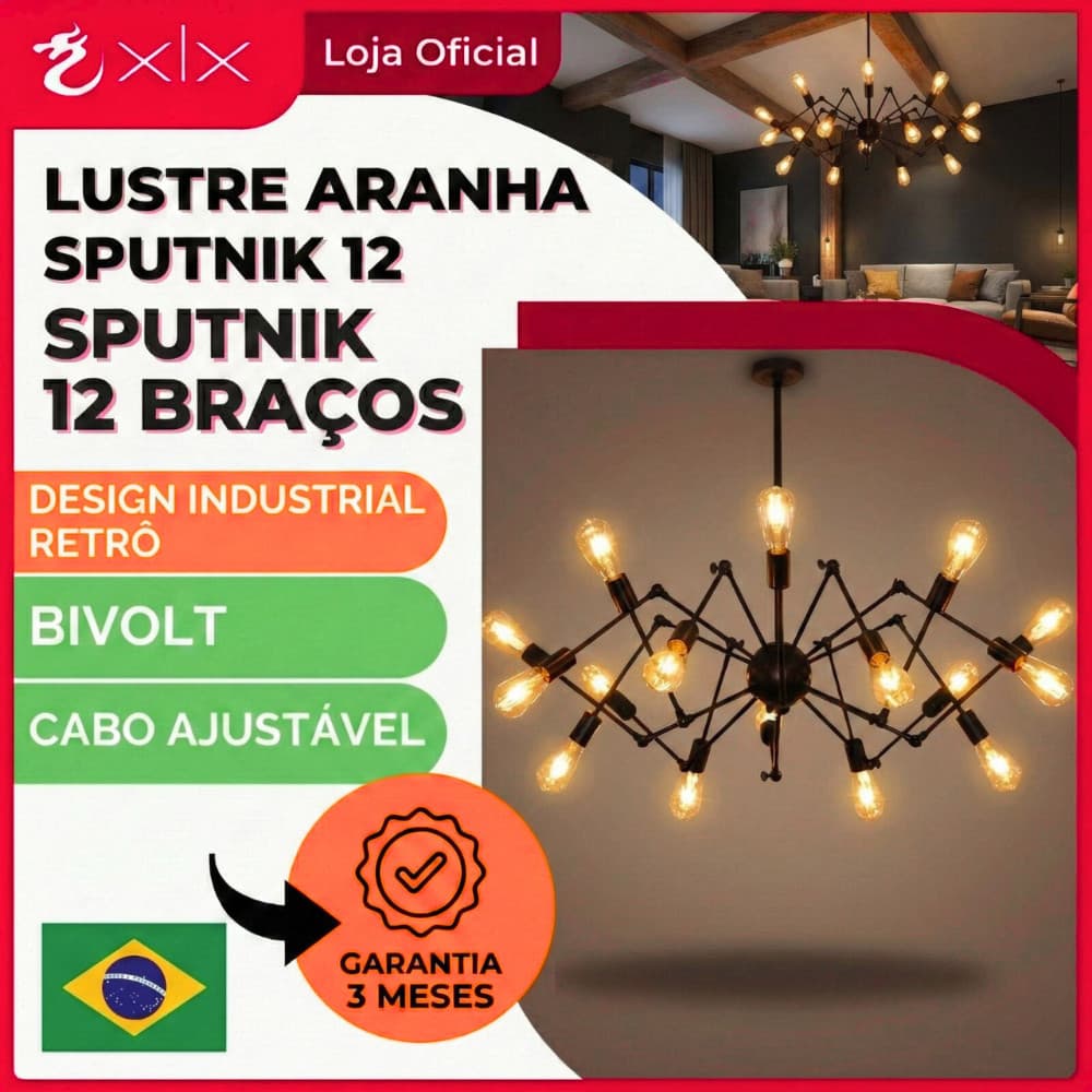 Lustre Pendente Aranha Retrô Sputnik 12 Braços Preto Luminária de Teto para cozinha Industrial XLX