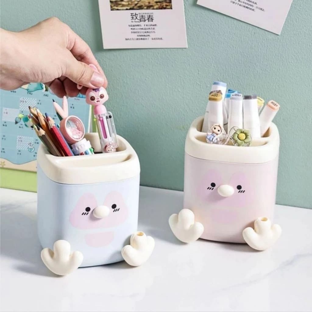 Porta Canetas Organizador de Mesa Pinguim com Apontador Embutido Kawaii Multiuso