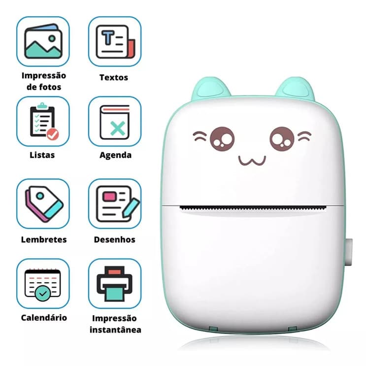 Mini Impressora Portátil Gato Rosa E Azul Térmica Bluetooth