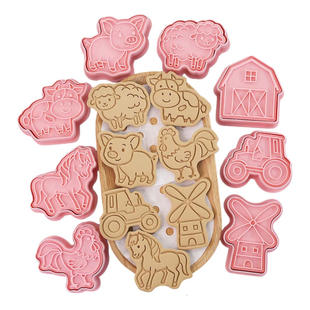 8 Cortador Ejetor De Biscoito 3d Carimbo P/ Doces Fazendinha Cor Rosa