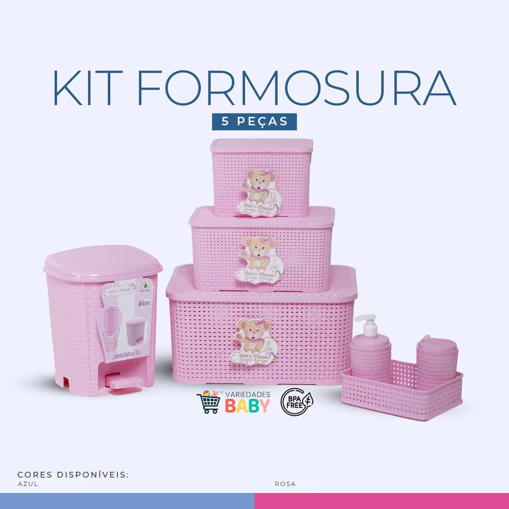Kit Formosura 5 Peças Kit Higiene  3 Caixas Organizadoras 3,5L 7L 18L Lixeira Rattan 6L Envio Rapido