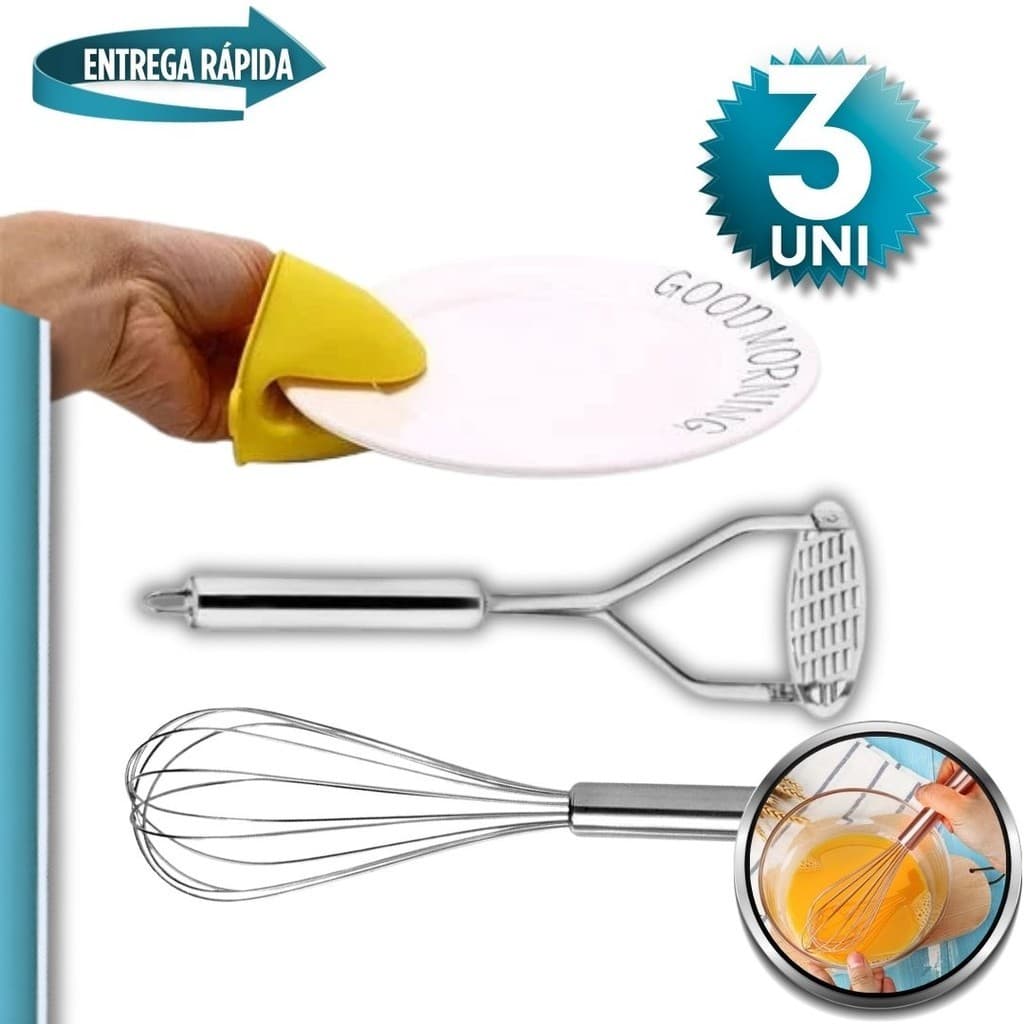 Kit 3 Luvas Térmica de Silicone Pega Panela, Triturador Amassador de Batata, Fue Fuet Batedor de Ovos Massa Forno