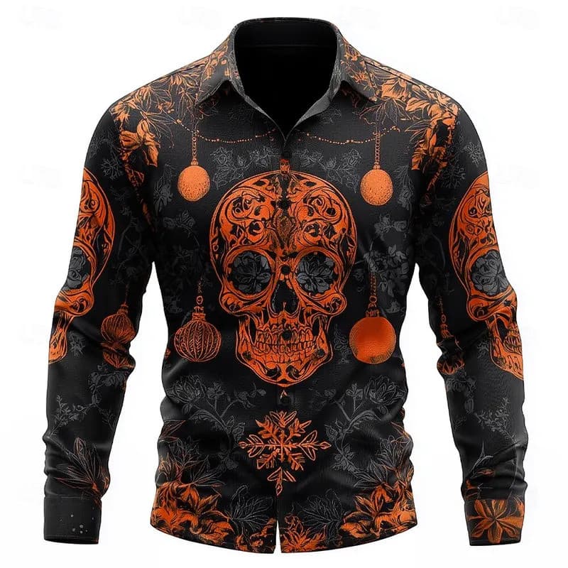 Camisa Masculina de Halloween 2026 com Estampa de Caveira e Floco de Neve, Camisa Casual de Manga Longa com Botões, Blus
