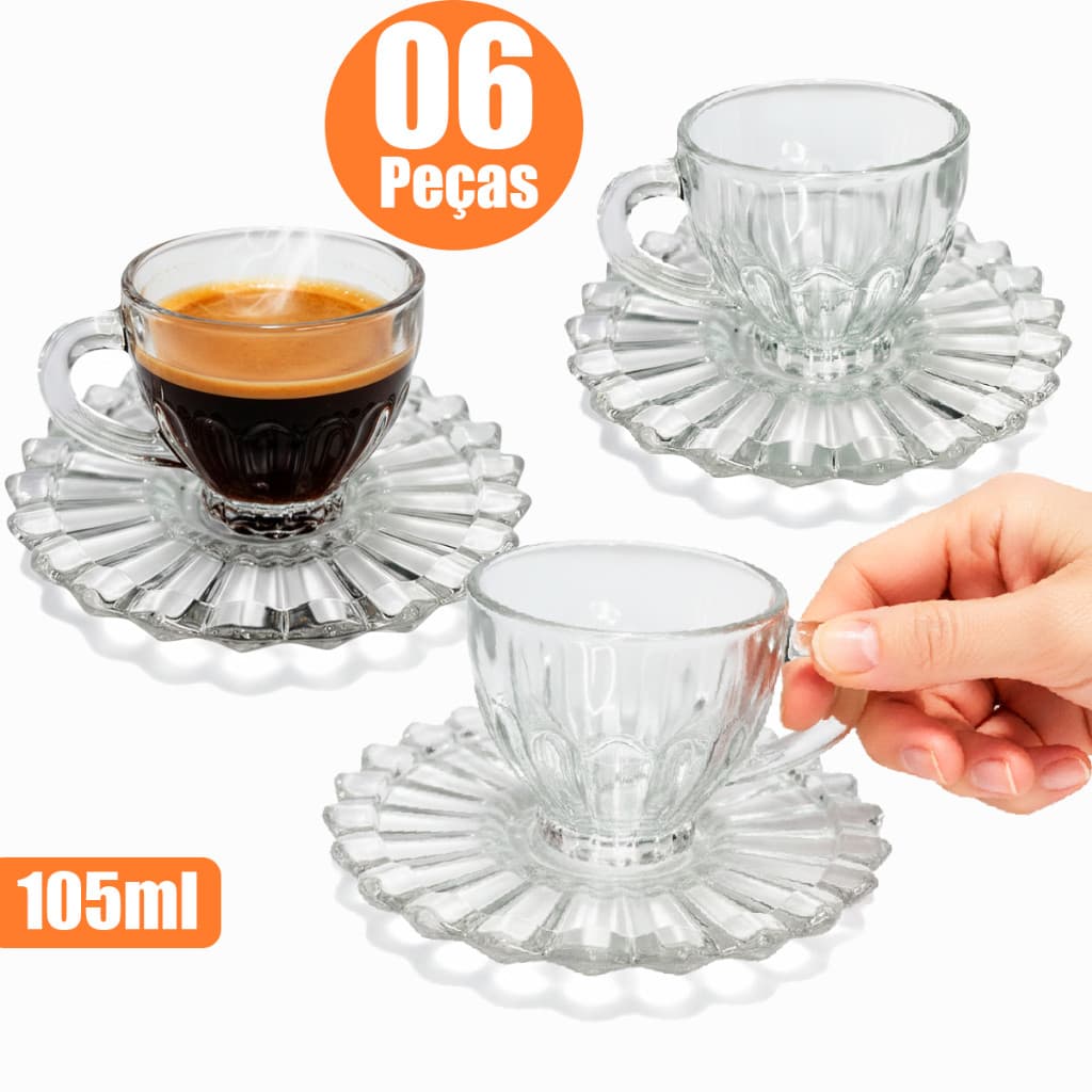 Kit Jogo de 6 peças sendo -  03 Xicaras 110ml e 03 Pires Para Cafe Cha Leite Xicaras de Vidro Sendo