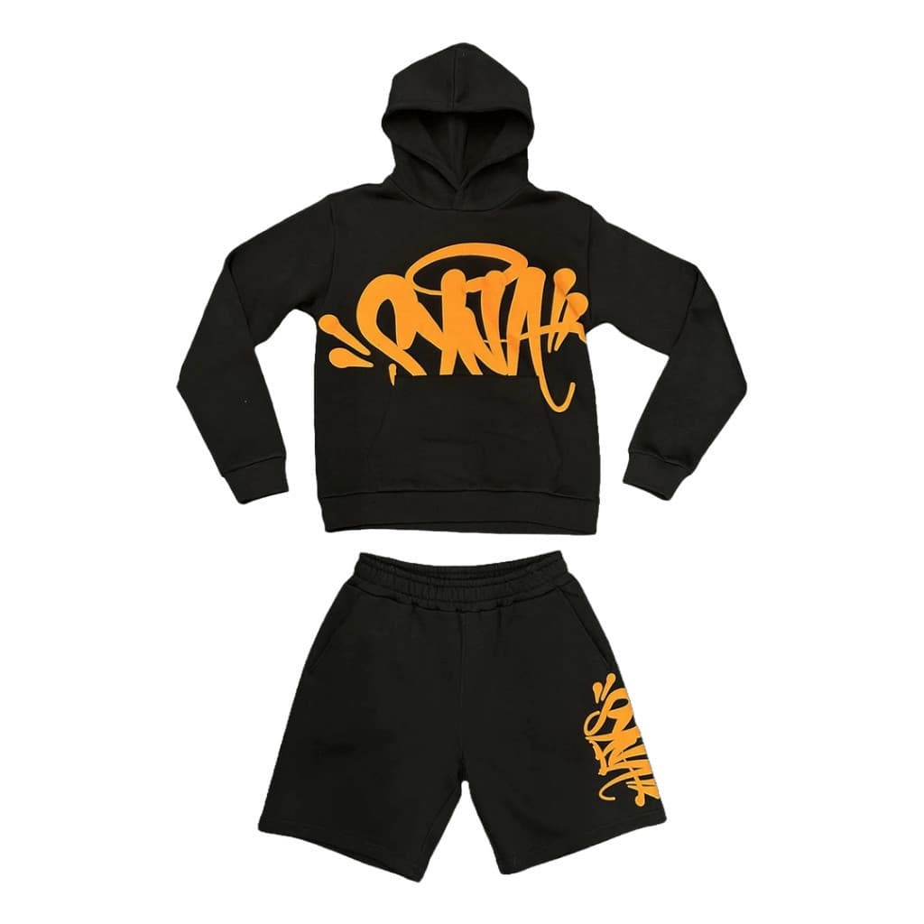 Conjunto Streetwear Black Orange Estilo De Rua Hip Hop Moletom e Bermuda Tendencia