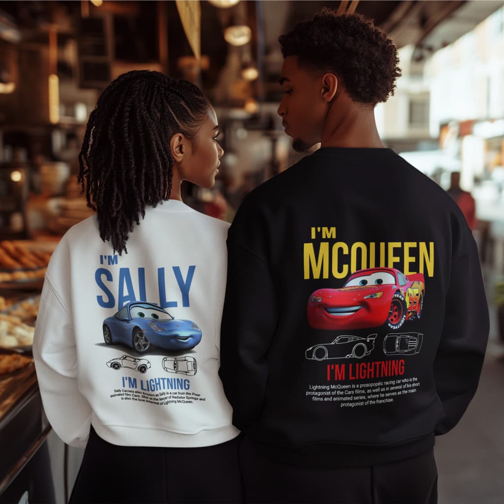 Kit Relâmpago Mcqueen e Sally 2 Moletons Casal  Masculina e Feminina Blusa de Frio Gola Careca