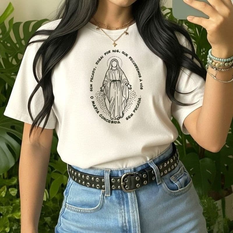 Camiseta Feminina Nossa Senhora Religiosa Católica Camisa algodao Fio 30.1