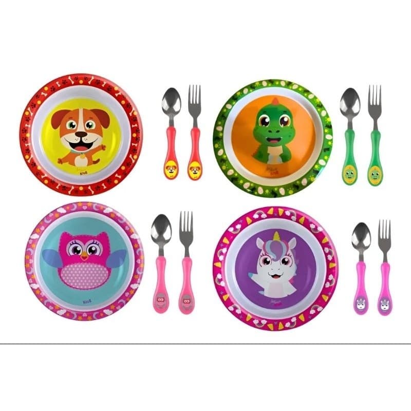 Prato Infantil Refeição Melamina Bowl Fundo+Kit Talher Com 2 Peças.