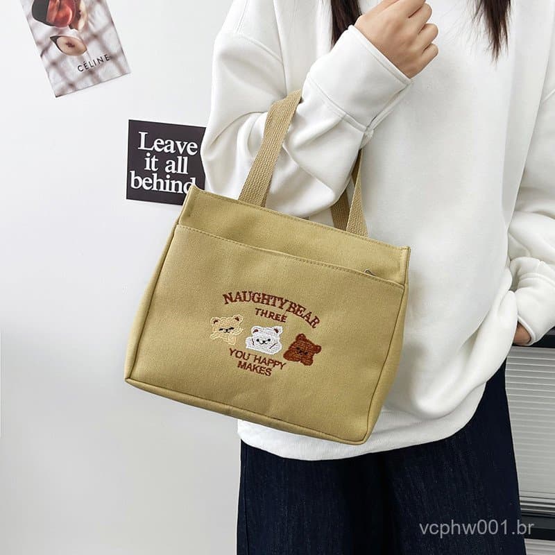 Bolsa Quadrada Pequena De Lona De Urso Fofo Casual Lancheira Simples Para Mulheres