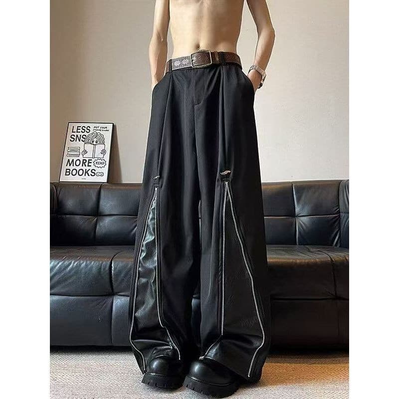 Calças de couro Pu costura calças casuais de seda gelo homens verão Street Wear rufião#pu皮裤拼接冰丝休闲裤男夏潮牌痞