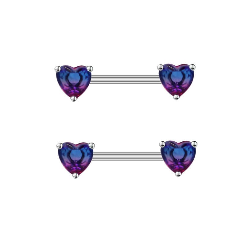Kit Par Piercing Mamilo Coração Pedra Galáxia Azul Roxo Aço Inoxidável Antialérgico Feminino Duplo Brilhante Seios