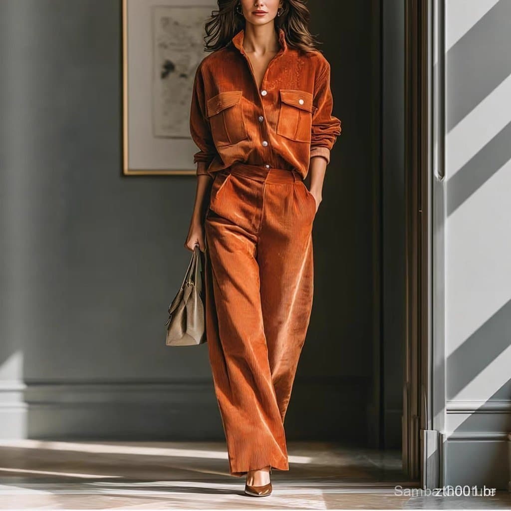Novidade em estoque: Conjunto de moda feminina para outono e inverno, em veludo, elegante e requintado, camisa com